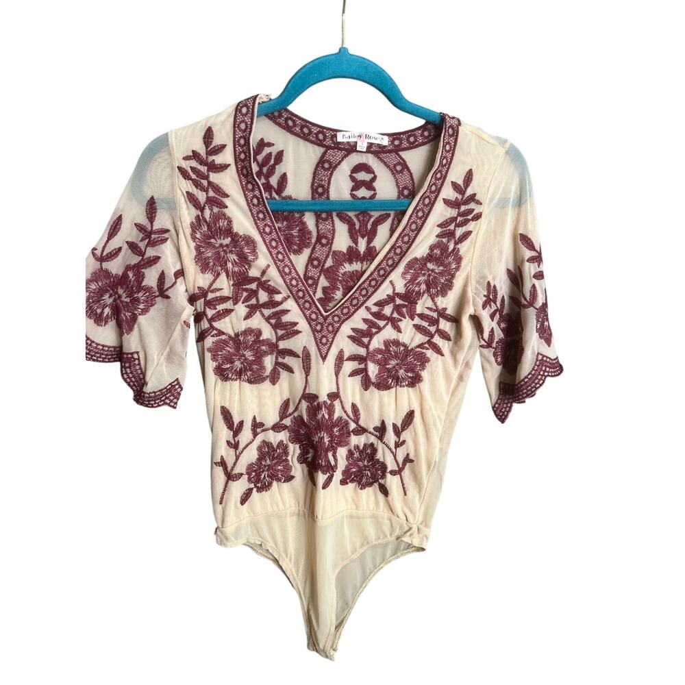 Bailey Rose Embroidered Bodysuit Boho V Neck Sz S Floral Western Sheer Cocktail